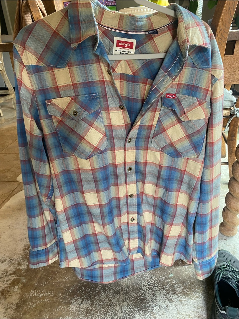 Wrangler Plaid Button-Down Shirt in Blue, Cream, Red